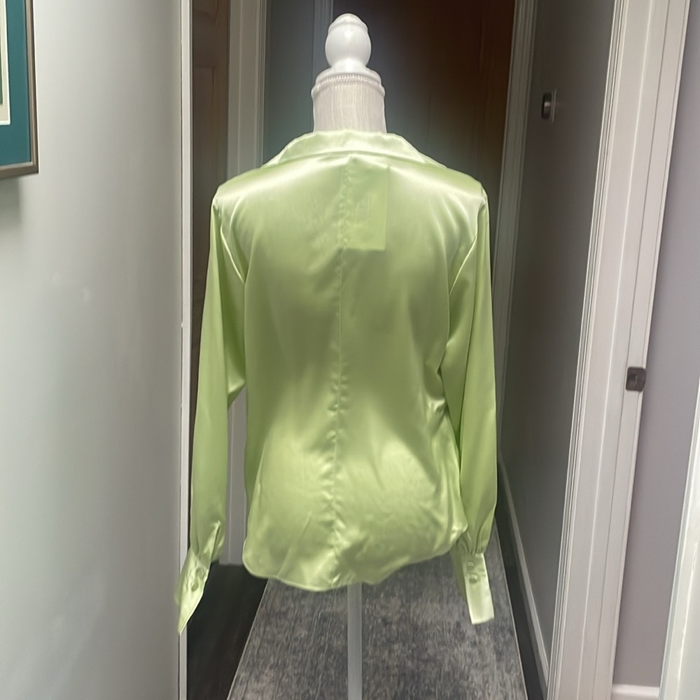 Satin Button-Front Blouse - Light Green - Picture 3 of 7